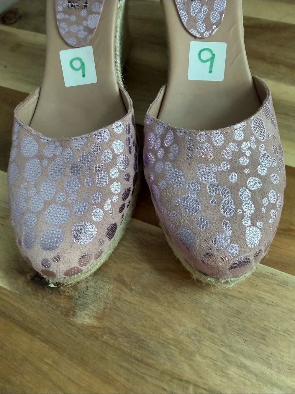 Helene Rouge Spain Pink Metallic Polka Dot Espadrille Wedge Sandals Sz 9 Leather